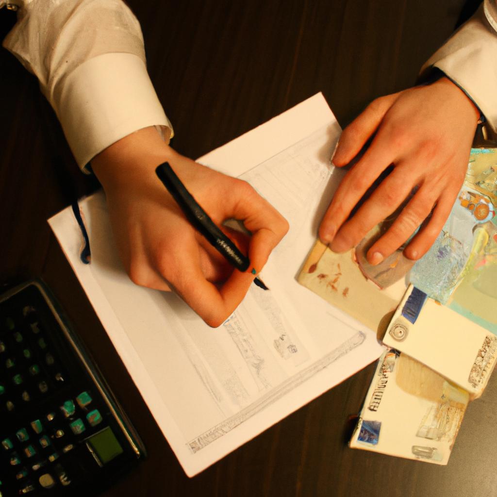 Person counting money, signing documents