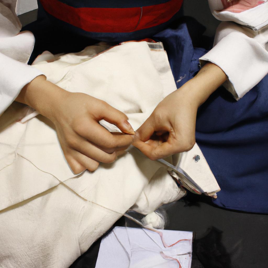 Person sewing traditional Korean clothing