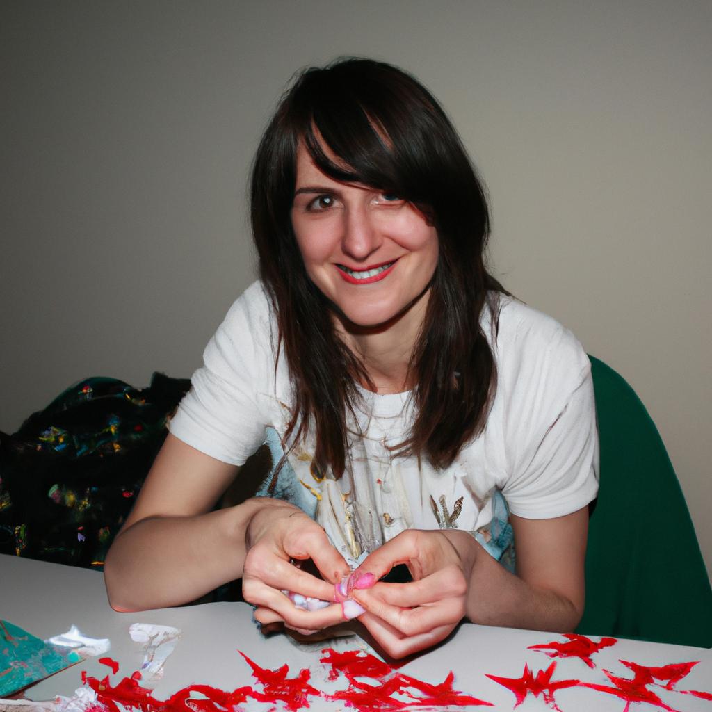 Person folding origami, smiling